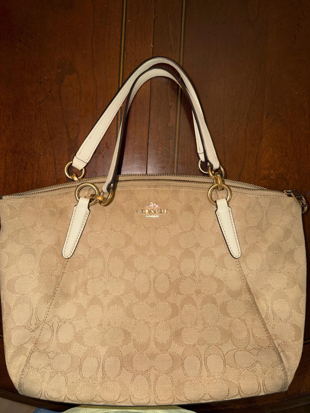 COACH Beige and White Signature Canvas Tote with Gold Hardware